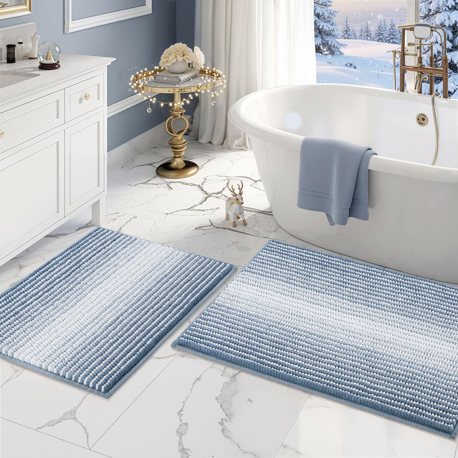 Bathroom Rugs and Mats Sets, 2 Piece Thick Absorbent Chenille Bath Mat Rug Set Non Slip, Soft Shaggy Bath Room Floor Mats for Bathroom, Machine Washable (Fog Blue, 20" x 32" Plus 16" x 24")