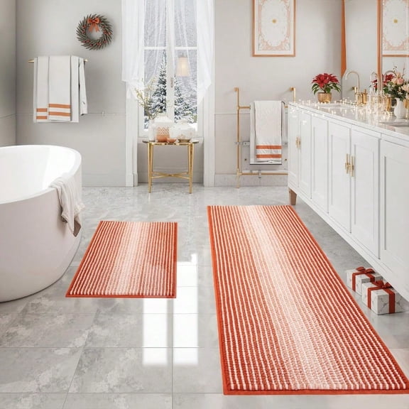 Bathroom Rugs and Mats Sets 2 Piece Thick Absorbent Chenille Bath Mat Rug Set Non Slip Soft Shaggy Bath Room Floor Mats for Bathroom hine Washable Sunset Orange 20 x 60 Plus 20 x 32