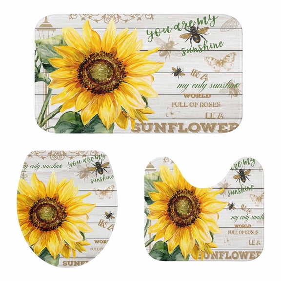 Bathroom Rugs and Mats Sets 3 Piece Bee Sunflower Bath Sets Non Slip Bath Rug Set with U Shape Rug My Sunshine Retro Wood Grain Contour Toilet Rug for Bathroom Floor Large Size