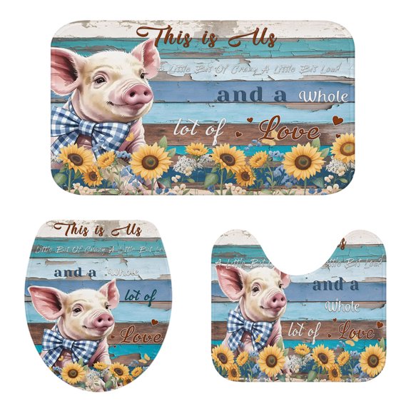 Bathroom Rugs and Mats Sets 3 Piece Farm Piggy Sunflower Bath Sets Non Slip Bath Rug Set with U Shape Rug Blue Wood Grain Pig Animal Contour Toilet Rug for Bathroom Floor Small Size