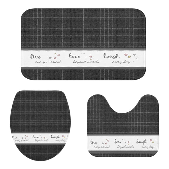 Bathroom Rugs and Mats Sets 3 Piece Live Love Laugh Bath Sets Non Slip Bath Rug Set with U Shape Rug Black Buffalo Plaid Contour Toilet Rug for Bathroom Floor Large Size