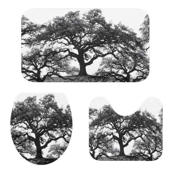 Bathroom Rugs and Mats Sets 3 Piece Oak Tree Forest Bath Sets Non Slip Bath Rug Set with U Shape Rug Black Deep Roots Branches Contour Toilet Rug for Bathroom Floor Small Size