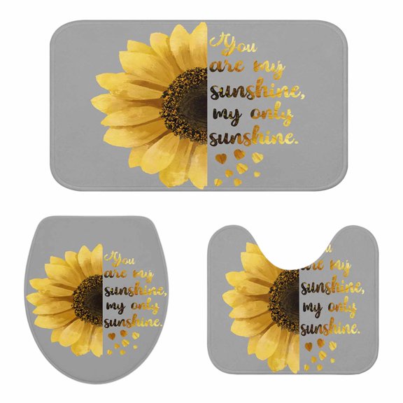 Bathroom Rugs and Mats Sets 3 Piece Yellow Sunflower Bath Sets Non Slip Bath Rug Set with U Shape Rug You Are My Only Sunshine Grey Contour Toilet Rug for Bathroom Floor Small Size