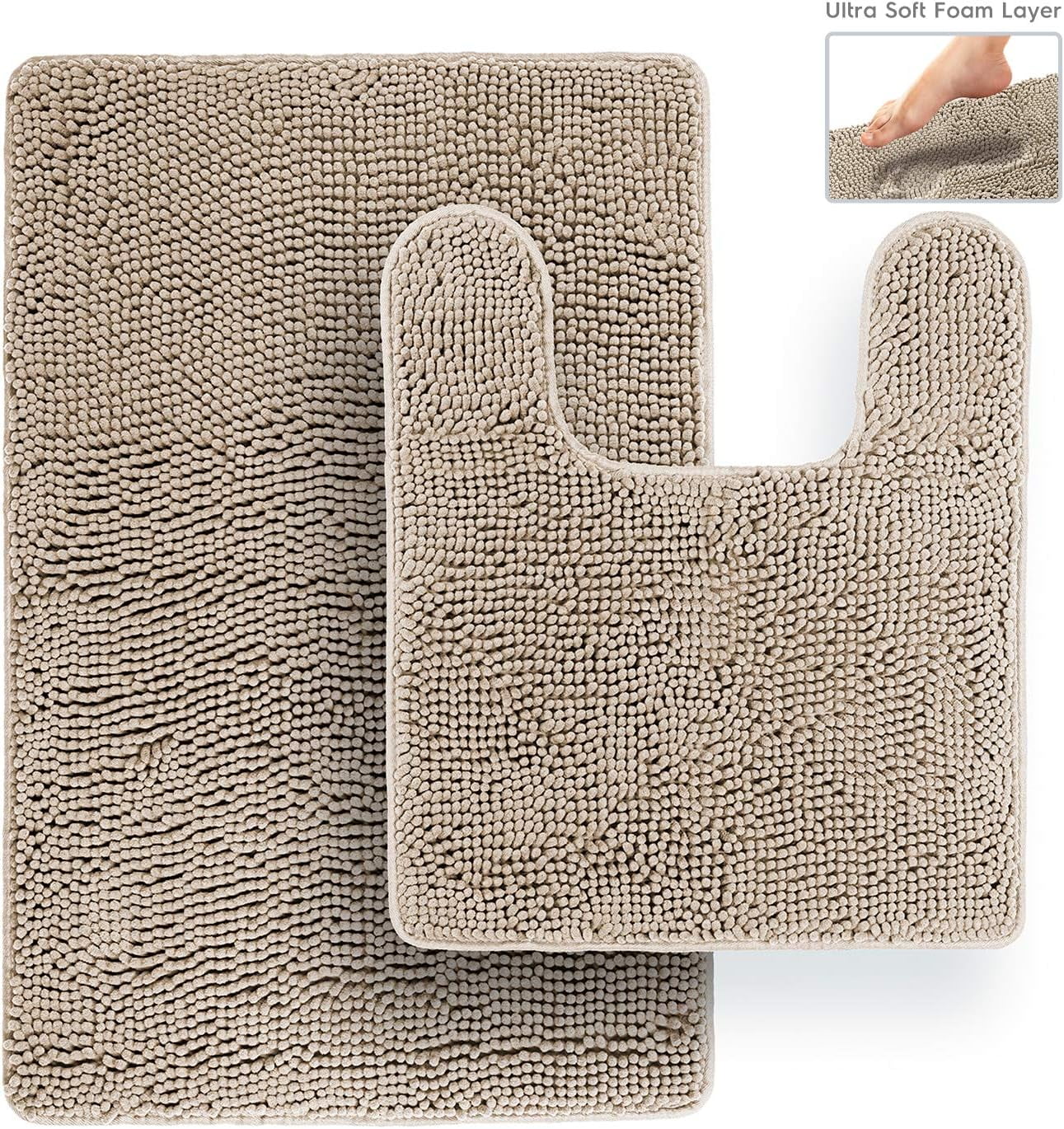 Bathroom Rugs and Mats Sets, Chenille Microfiber, Quick Dry, Ultra Soft Luxury, Shaggy Absorbent Non-Slip Washable Bath Rugs, Bath Mats for Bathroom, Shower Mat & Tub (Beige, 21"x32", 2 pcs)