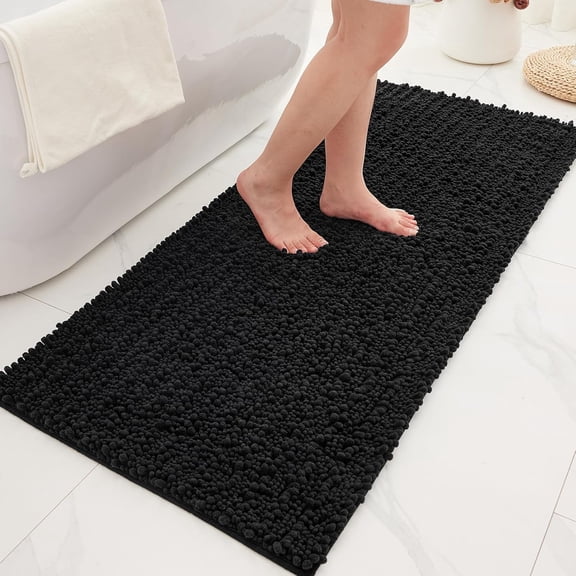 Bathroom Rugs Non Slip Washable 44x24, Extra Thick Soft Chenille Absorbent Bath Mat, High Density Barrier Non Slip Backing, Quick Dry Plush Shaggy Floor Carpet for Tub&Shower, Black