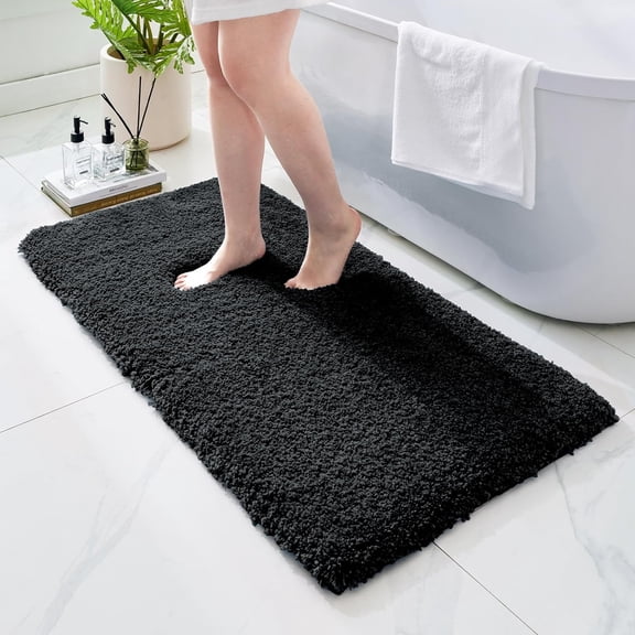 Bathroom Rugs Non Slip Washable 48x24, Ultra Soft Thick Shaggy Absorbent Bath Mats, High Density Foam Latex Non Slip Backing Bath Rugs, Microfiber Bath Mats for Bathroom Floor&Sink,Black