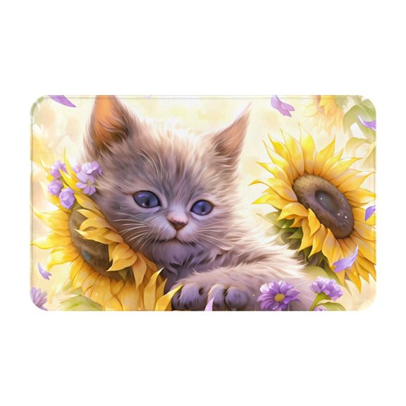 Bathroom Rugs Non Slip Washable - Daisy Sunflower Lazy Cat Kitchen Mats for Floor, Area Rugs for Entryway Rugs Indoor, Laundry Bathroom Room Door Rug with Rubber Backing 20x31.5in