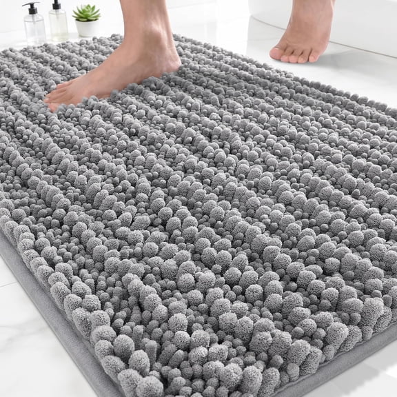 Bathroom Rugs Non-Slip Washable  Extra Soft & Absorbent Chenille Bath Mat, Quick-Dry Plush Shaggy Floor Vanity for Tub Shower, Modern Home Decor Accessories, 24 x 17, Grey