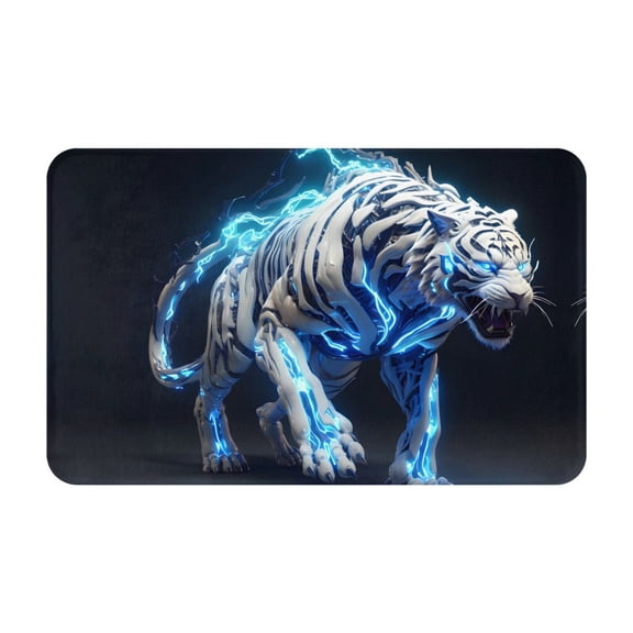 Bathroom Rugs Non Slip Washable - Futuristic Blue Light White Tiger Kitchen Mats for Floor, Area Rugs for Entryway Rugs Indoor, Laundry Bathroom Room Door Rug with Rubber Backing 20x31.5in