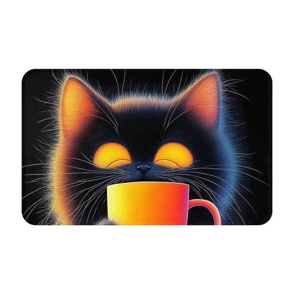 Bathroom Rugs Non Slip Washable - Neon Cat with Coffee Mug Kitchen Mats for Floor, Area Rugs for Entryway Rugs Indoor, Laundry Bathroom Room Door Rug with Rubber Backing 20x31.5in