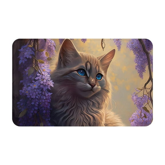 Bathroom Rugs Non Slip Washable - Purple Flower Lazy Cat Kitchen Mats for Floor, Area Rugs for Entryway Rugs Indoor, Laundry Bathroom Room Door Rug with Rubber Backing 20x31.5in