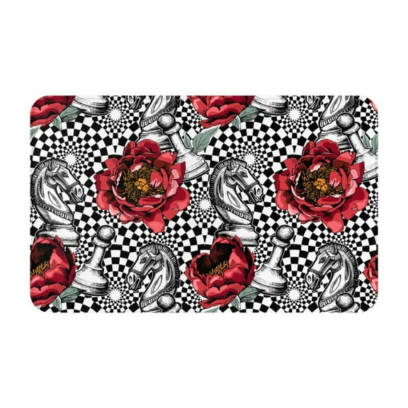 Bathroom Rugs Non Slip Washable - Red Peony Knight Chess checkered Kitchen Mats for Floor, Area Rugs for Entryway Rugs Indoor, Laundry Bathroom Room Door Rug with Rubber Backing 20x31.5in