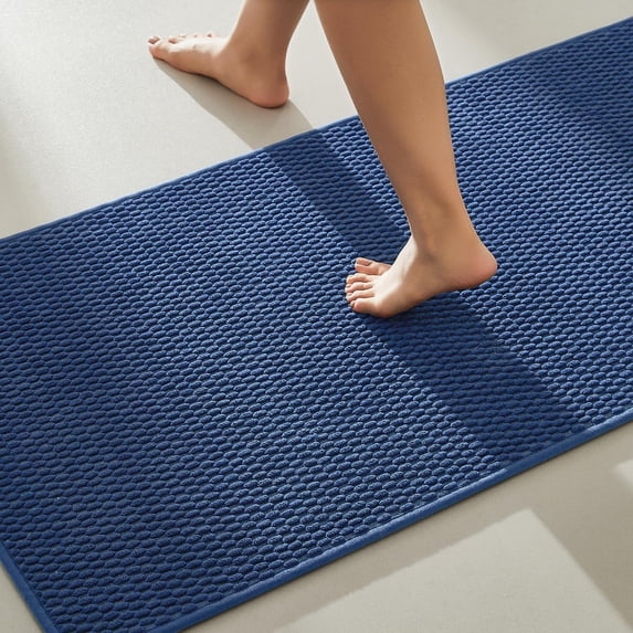 BULULOM Long Bathroom Rugs Non Slip Washable, Super Absorbent Thin Bath Mat Quick Dry Low Pile Bathroom Cerpet, Navy Blue 24"x47"