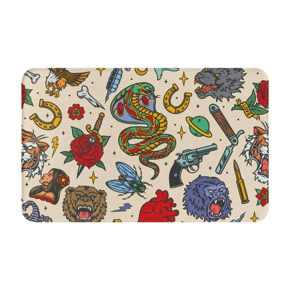 Bathroom Rugs Non Slip Washable - Vintage Tattoo Elements Collage Kitchen Mats for Floor, Area Rugs for Entryway Rugs Indoor, Laundry Bathroom Room Door Rug with Rubber Backing 20x31.5in