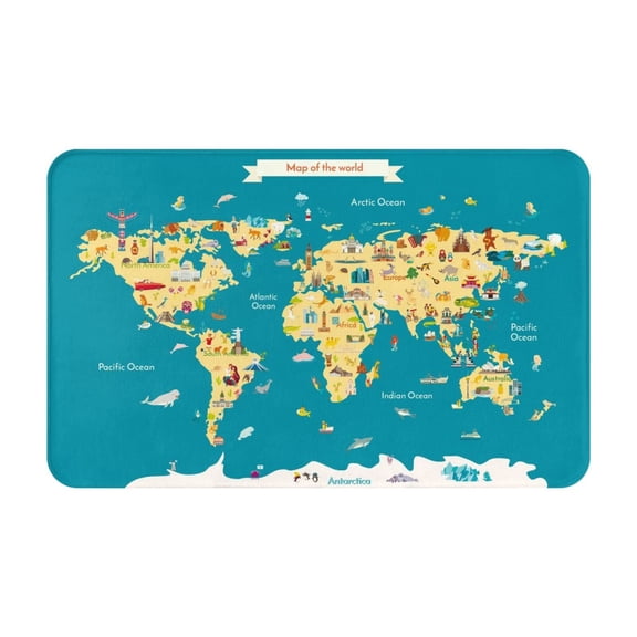 Bathroom Rugs Non Slip Washable - World Map With Landmarks Kitchen Mats for Floor, Area Rugs for Entryway Rugs Indoor, Laundry Bathroom Room Door Rug with Rubber Backing 20x31.5in