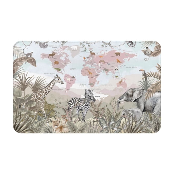 Bathroom Rugs Non Slip Washable - World Map With Safari Animals Kitchen Mats for Floor, Area Rugs for Entryway Rugs Indoor, Laundry Bathroom Room Door Rug with Rubber Backing 20x31.5in