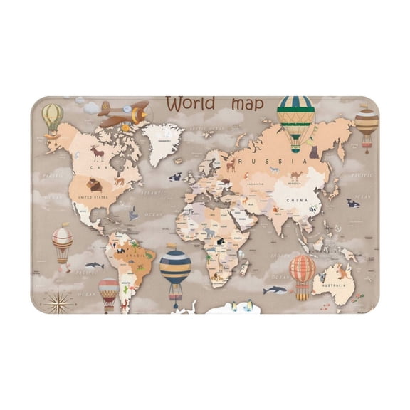 Bathroom Rugs Non Slip Washable - World Map With Animals Kitchen Mats for Floor, Area Rugs for Entryway Rugs Indoor, Laundry Bathroom Room Door Rug with Rubber Backing 20x31.5in
