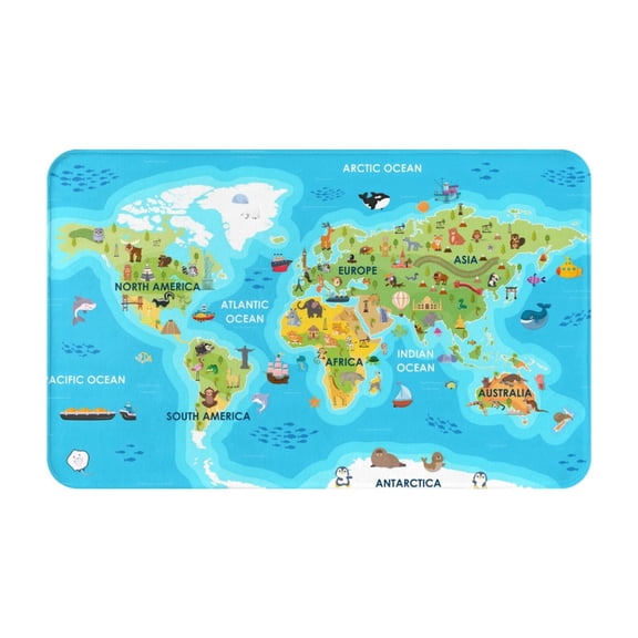 Bathroom Rugs Non Slip Washable - World Map With Animals Landmarks Kitchen Mats for Floor, Area Rugs for Entryway Rugs Indoor, Laundry Bathroom Room Door Rug with Rubber Backing 20x31.5in