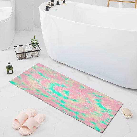 Bathroom Rugs Non-slip Soft, Comfortable Bath Mat Plush Absorbent Bathroom Mat Suitable for Kitchen Bathroom Entryway Kitchen Mat 39"×20" Pink Turquoise Tie-dye
