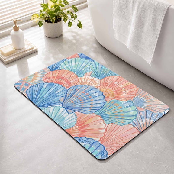 Bathroom Rugs Orange Blue Coastal Shell Bath Mat Absorbent Quick Dry Bathroom Floor Mat Non Slip Rubber Ocean Marine Life Bath Mats for Bathroom Bathtub Shower Sink Home Decor 16" x 24"