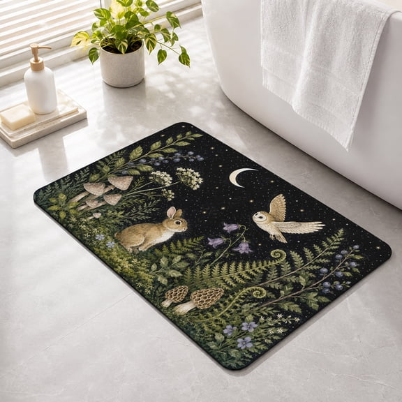 Bathroom Rugs Owl Bunny Bath Mat Absorbent Quick Dry Bathroom Floor Mat Non Slip Rubber Moon Star Mushroom Fern Forest Bath Mats for Bathroom Bathtub Shower Sink Home Decor 16" x 24"