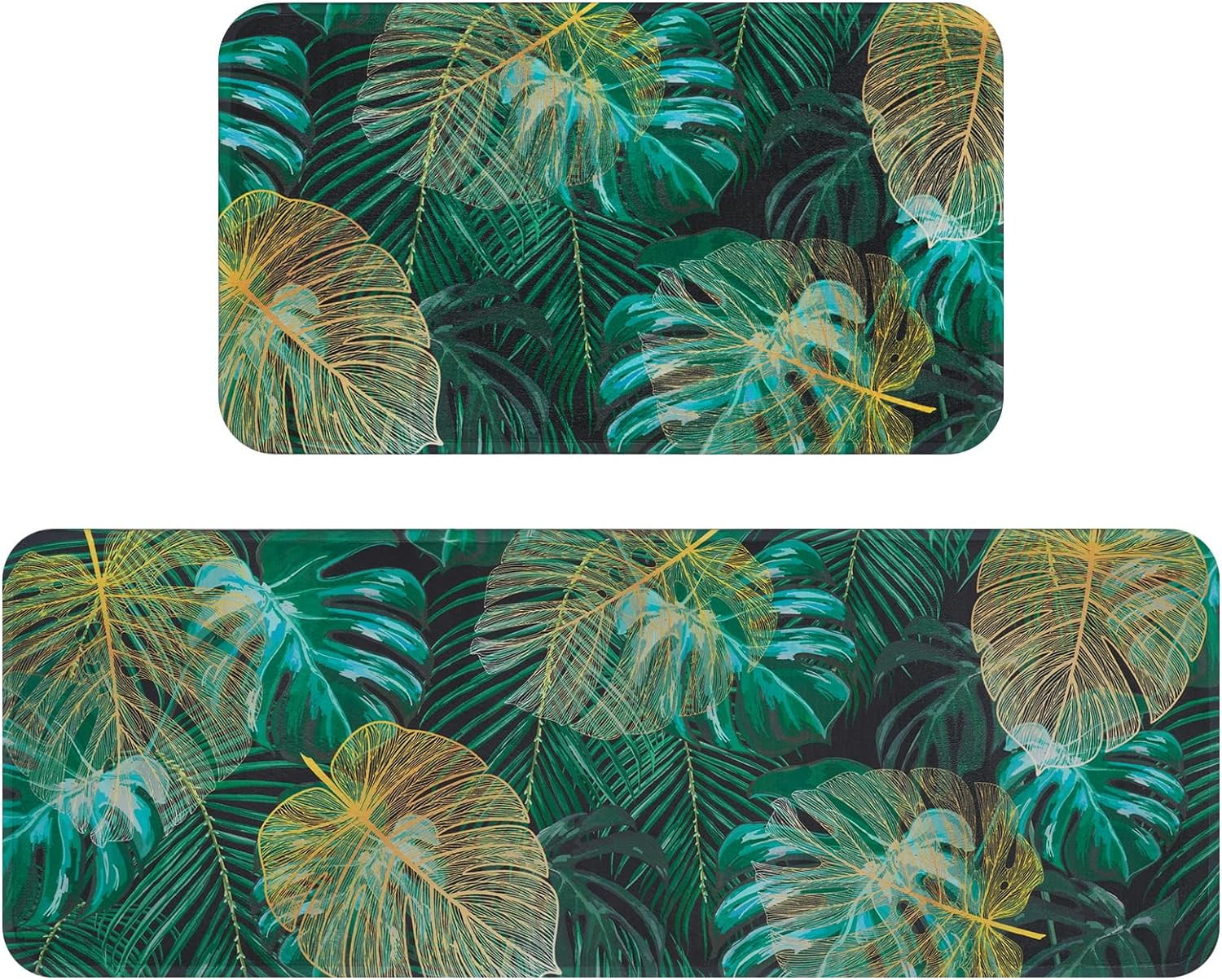 Bathroom Rugs Set of 2, Green Leaf Non-Slip Bath Mats, Soft and Absorbent Bath Mats for Floor, Washable Bath Rugs Non Skid for Bedroom, Front Door, Kitchen, Natural Leaf, 18"x 30" +18"x 47"