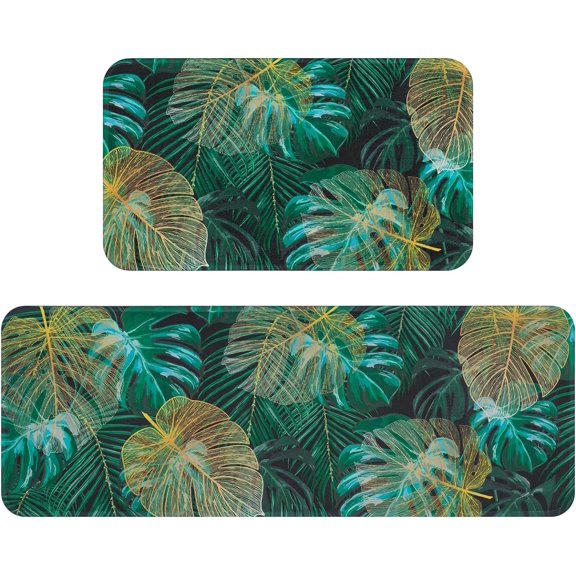 Bathroom Rugs Set of 2, Green Leaf Non-Slip Bath Mats, Soft and Absorbent Bath Mats for Floor, Washable Bath Rugs Non Skid for Bedroom, Front Door, Kitchen, Natural Leaf, 18"x 30" +18"x 47"