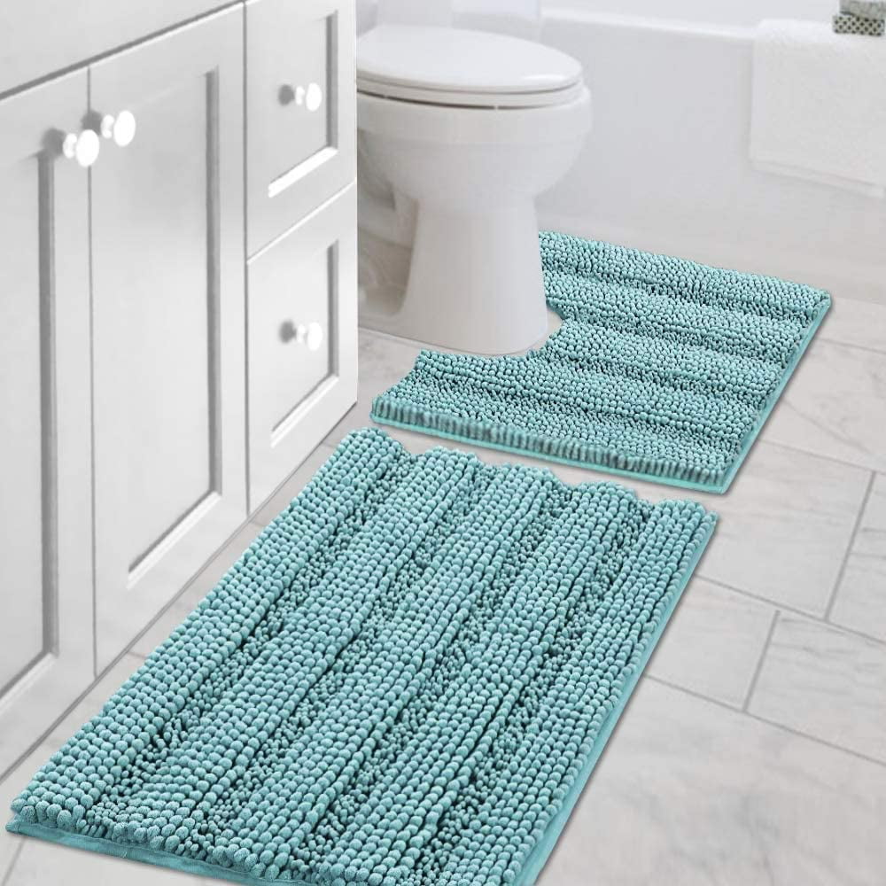 Bathroom Rugs Set 2 Piece Bathroom Contour Rug Toilet Mat Sets, Non Slip, Contou,r Ultra Thick, Water Absorbent, Striped Bath Rug, Washable(20" x 32" Plus 20" x 20" U, Aqua Haze)