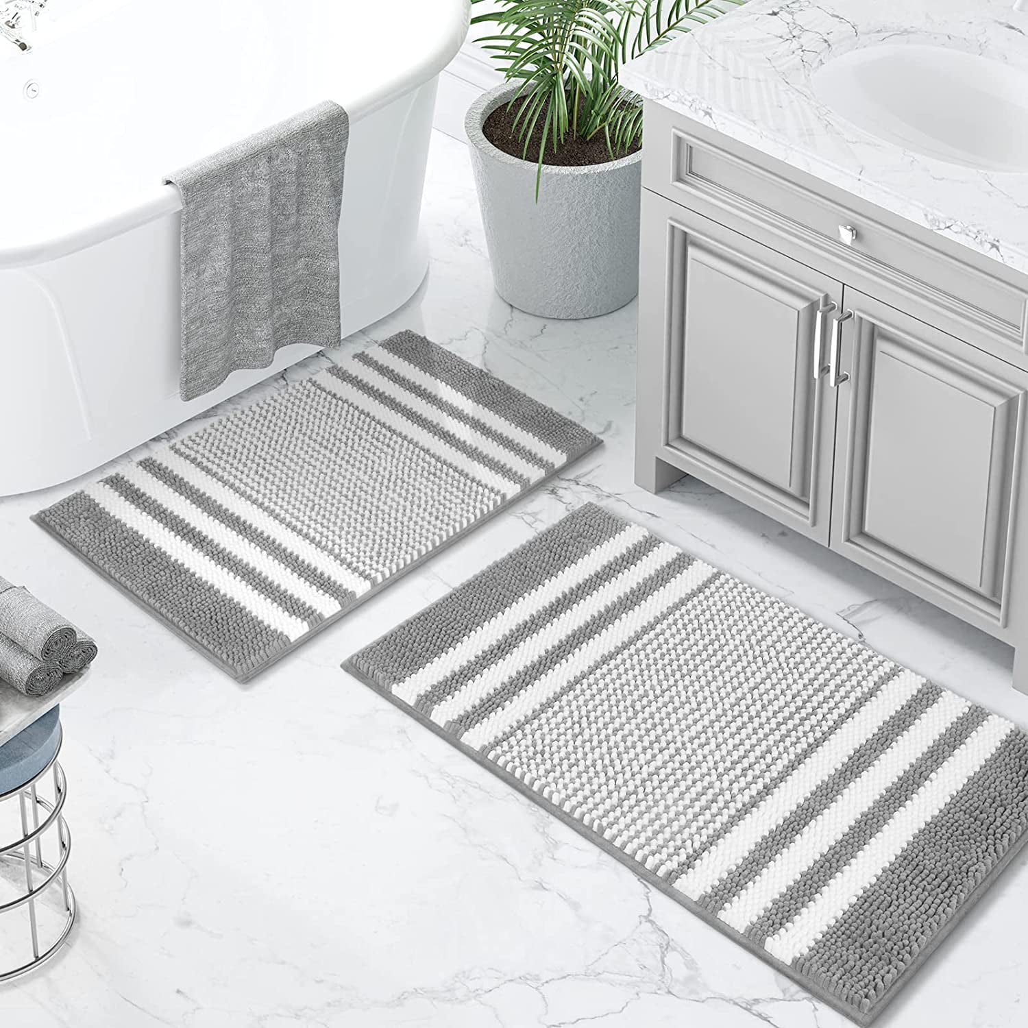 Gray and White Striped Chenille Bath Mat Set