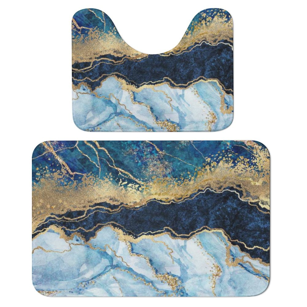 Bathroom Rugs Set 2 Pieces, Blue Marble Bathroom Set Quick Drying