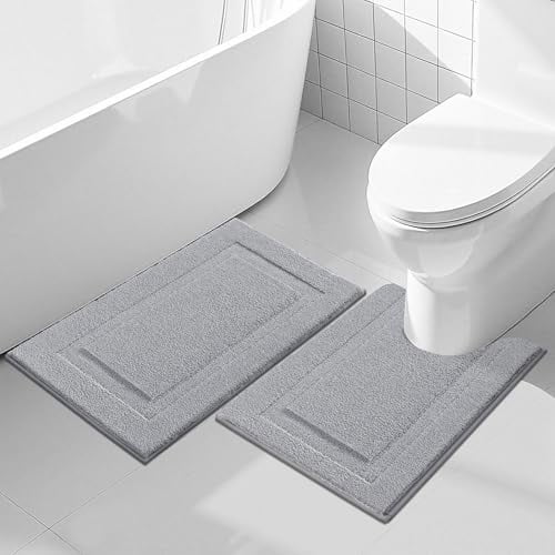 Bathroom Rugs Set of 2 Pieces with U Shaped Toilet Rug Contoured Mat Fluffy Plush Bath Mats Non Slip Bathroom Carpet Washable (20"x24"+20"x32",Light Grey)