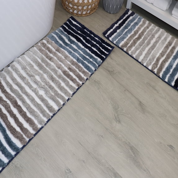 Bathroom Rugs Set of 2, Soft Microfiber Bath Mats, Absorbent & Quick Drying, Non-Slip Rubber Backing, Machine Washable Bathroom Floor Mats for Tub, Shower, Sink – 17x24, 21x54 Navy