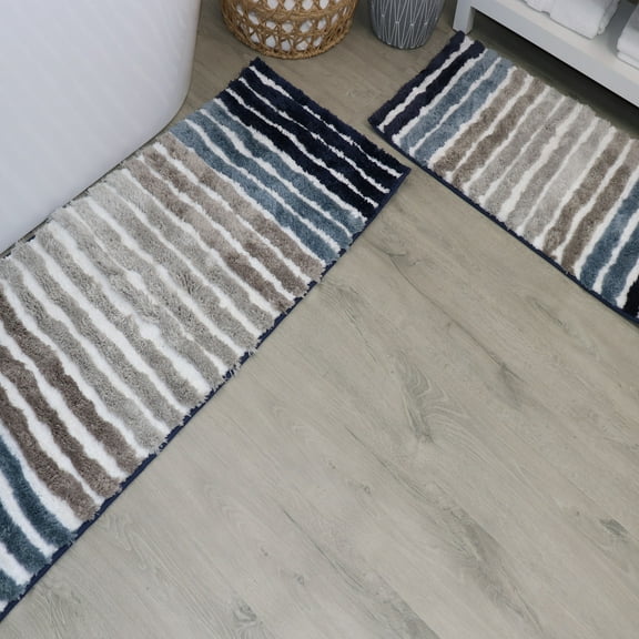 Bathroom Rugs Set of 2, Soft Microfiber Bath Mats, Absorbent & Quick Drying, Non-Slip Rubber Backing, Machine Washable Bathroom Floor Mats for Tub, Shower, Sink – 17x24, 21x54 Navy