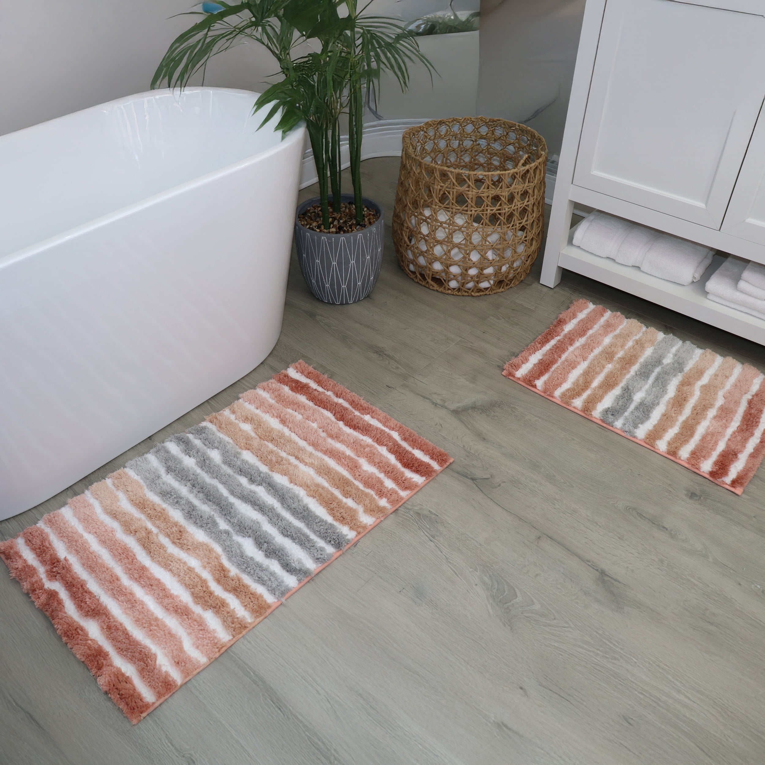 Bathroom Rugs Set of 2, Soft Microfiber Bath Mats, Absorbent & Quick Drying, Non-Slip Rubber Backing, Machine Washable Bathroom Floor Mats for Tub, Shower, Sink – 20x32, 24x40 Coral