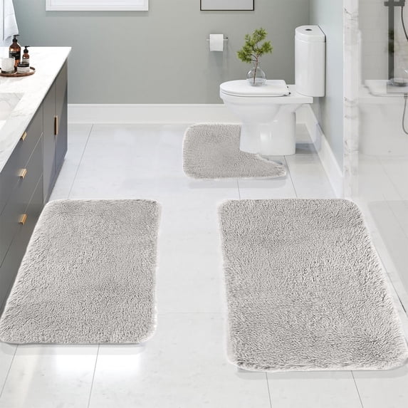 Bathroom Rugs Set of 3 - 3 Piece Bath Mats Set with Non-Slip Backing, Soft Absorbent Velvet Fleece Bath Mat for Bathroom, Toilet Mat and Shower Rug, Machine Washable for Home Bathroom Floor Decor