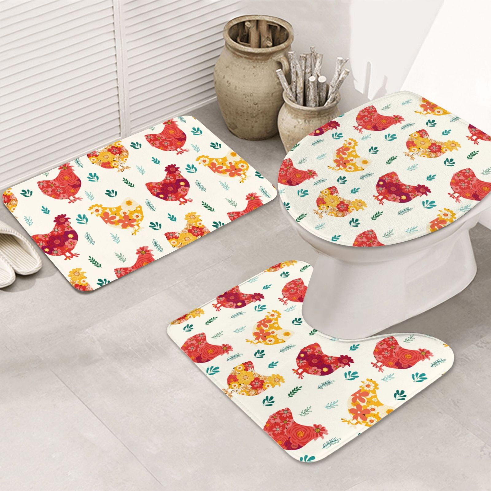 Bathroom Rugs Set 3 Piece Abstract Flower Print Chicken_A, Bath Mats