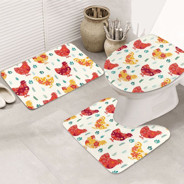Bathroom Rugs Set 3 Piece Abstract Flower Print Chicken_A, Bath Mats