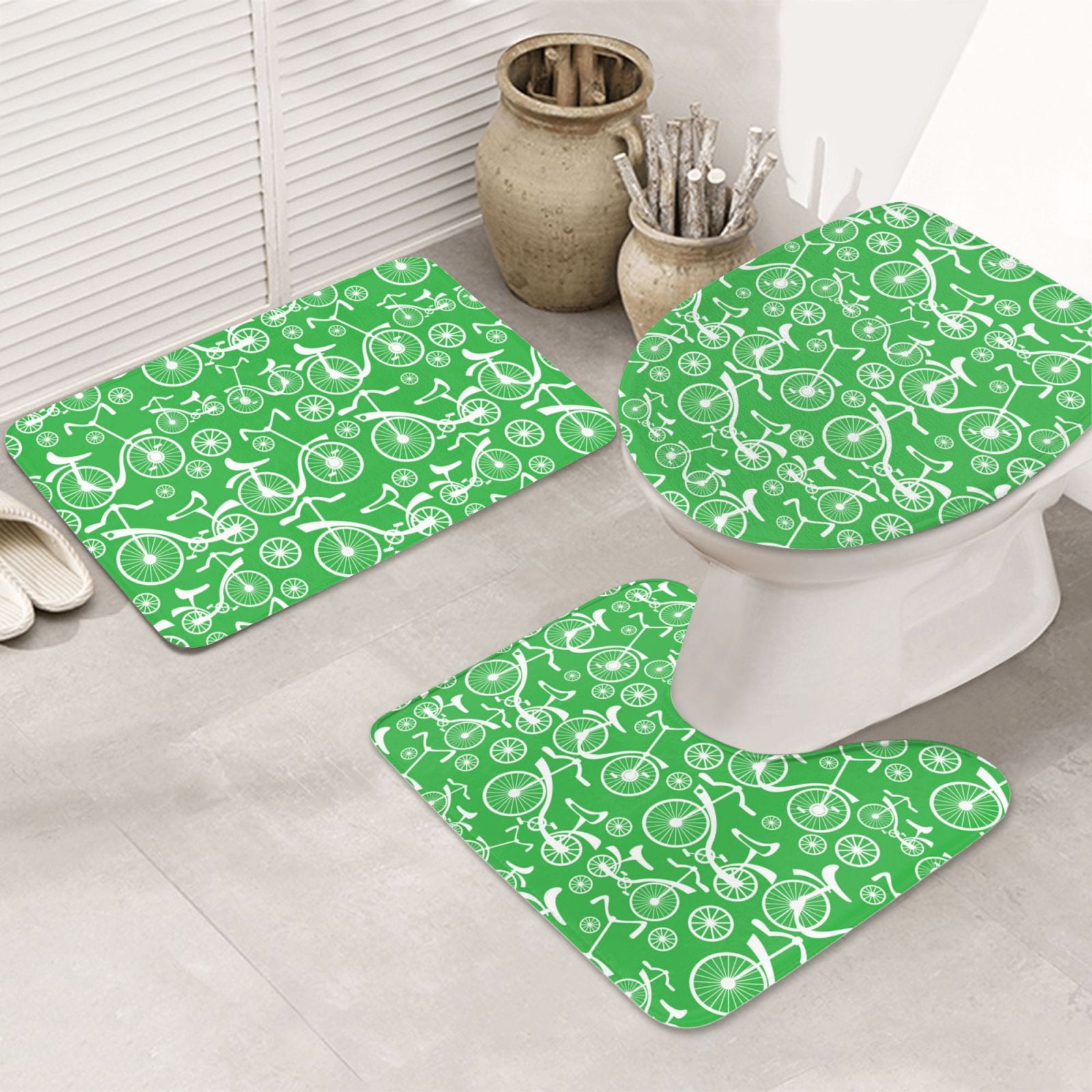 Bathroom Rugs Set 3 Piece Bikes Pattern green, NonSlip Bath Mats