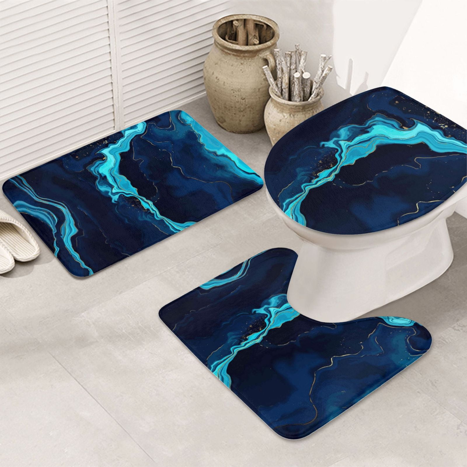Bathroom Rugs Set 3 Piece Blue Marble And Gold, Bath Mats, Toilet Lid