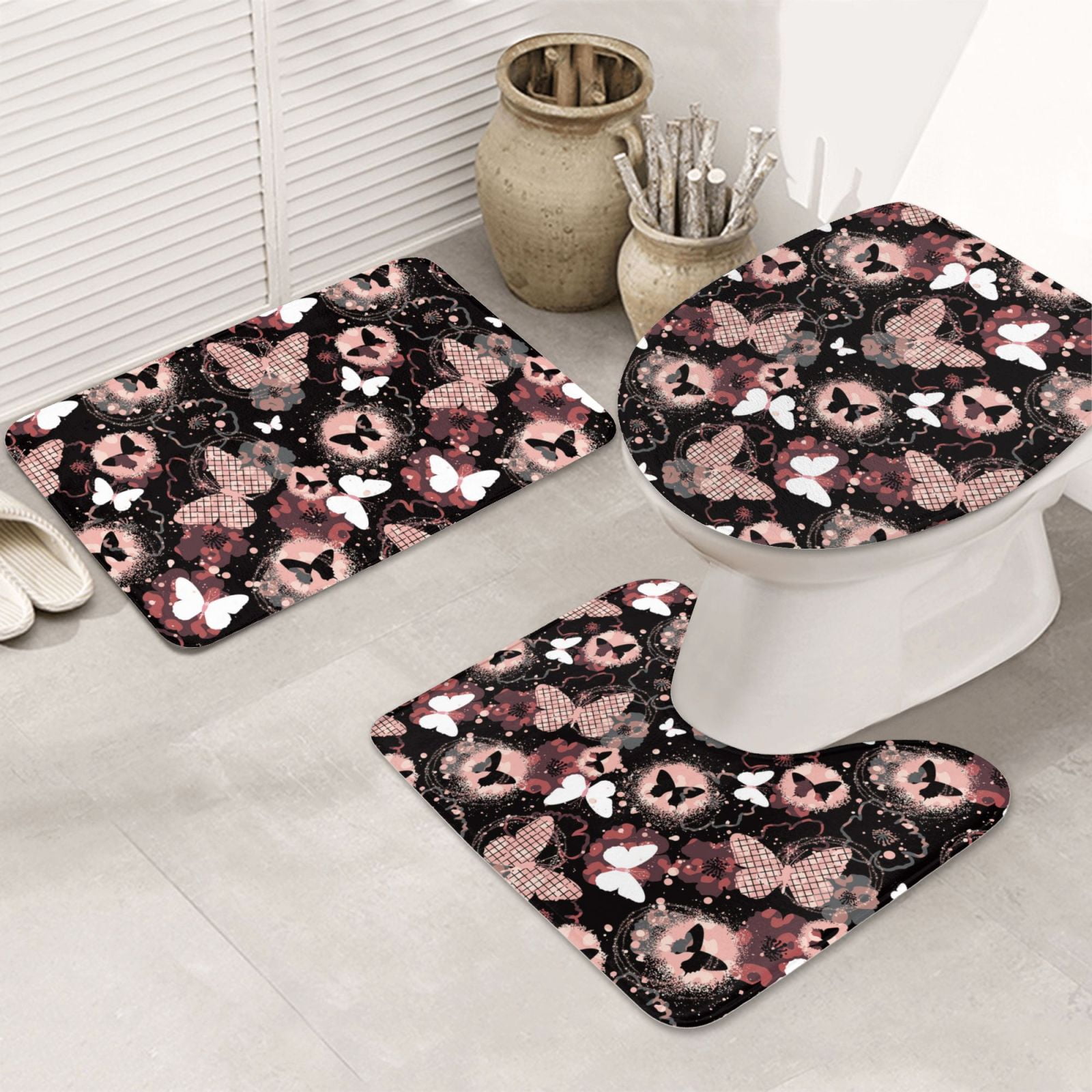 Bathroom Rugs Set 3 Piece Butterfly, Bath Mats, Toilet Lid Cover, U