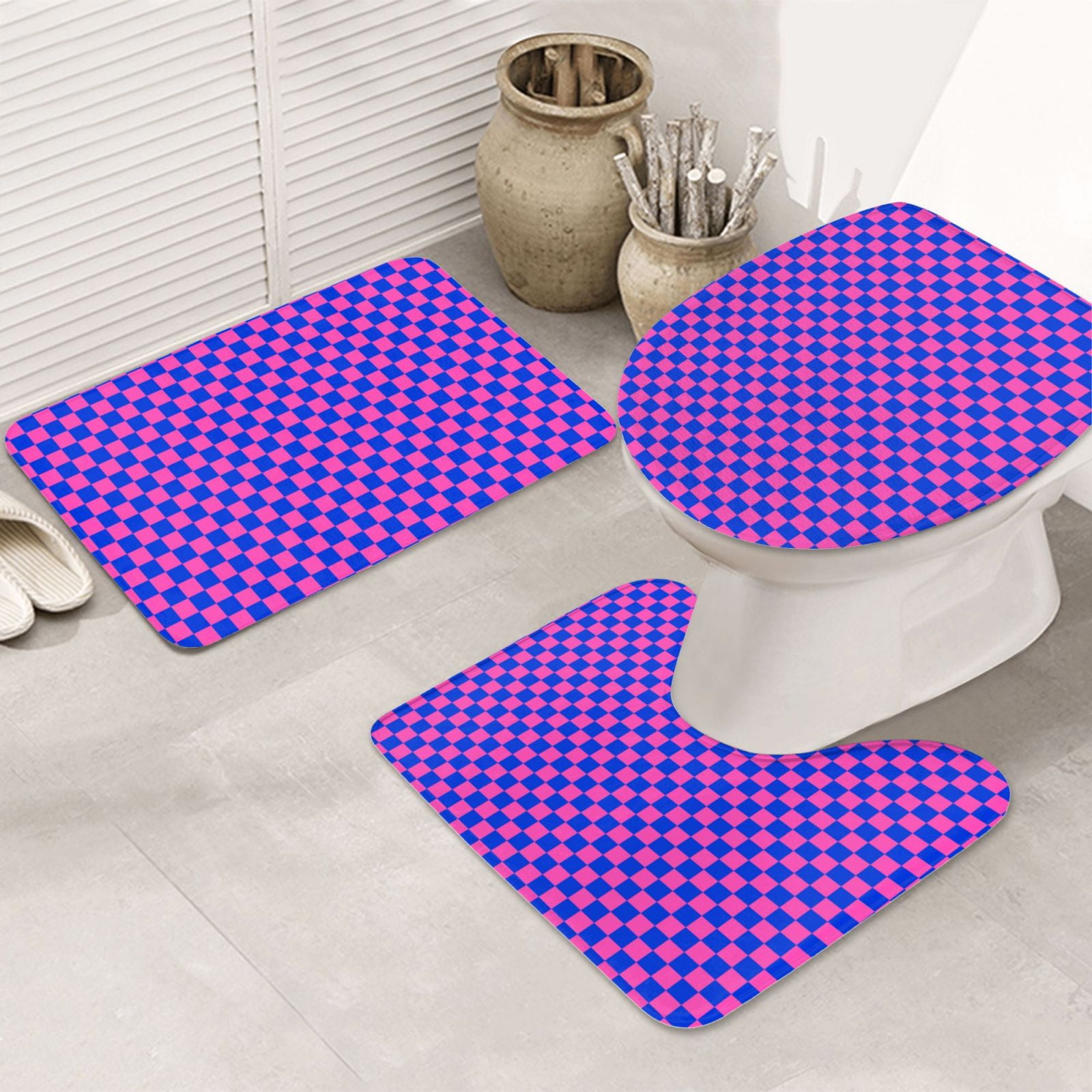 Bathroom Rugs Set 3 Piece Checkered blue pink Y2K retro, Bath Mats