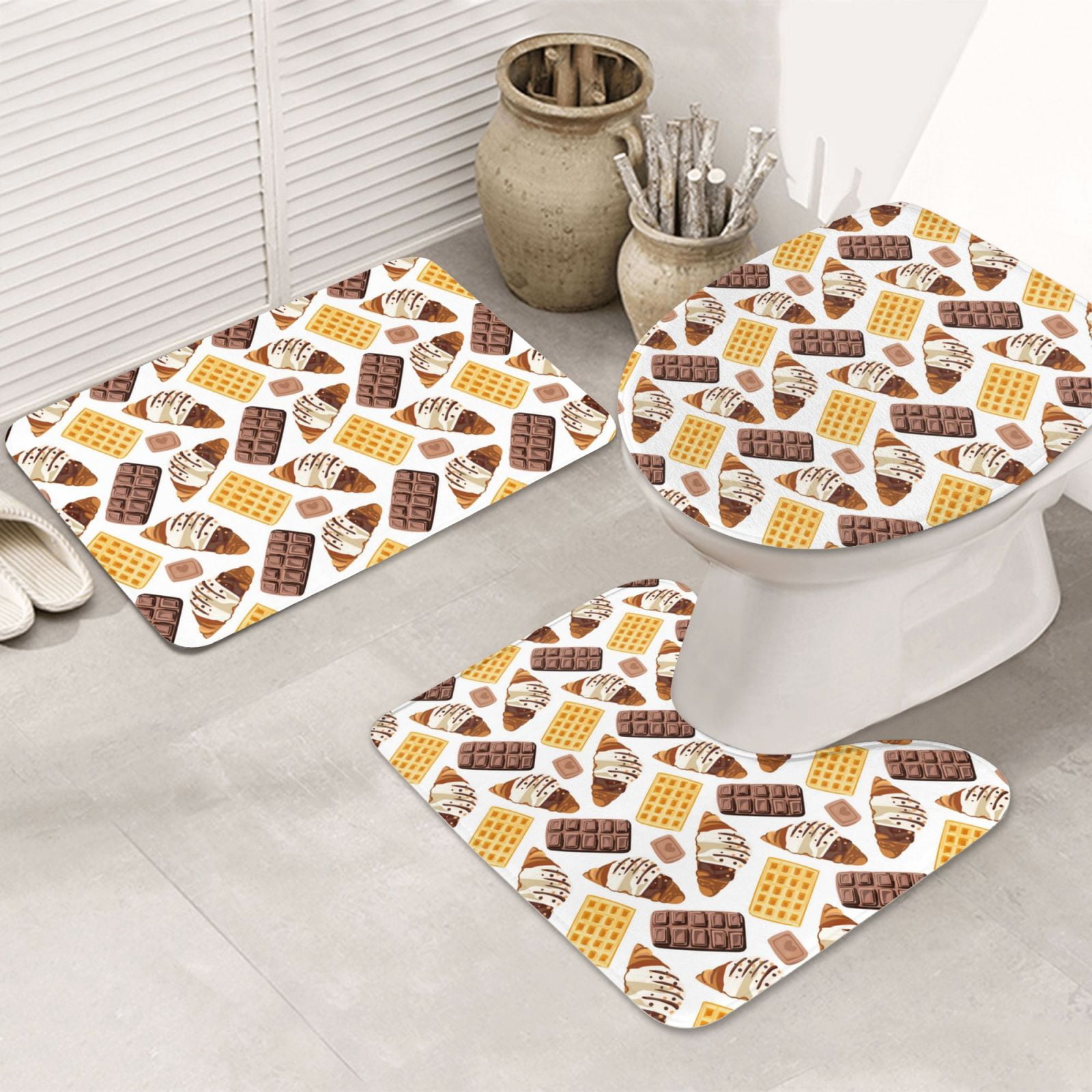 Bathroom Rugs Set 3 Piece - Chocolate Bread Waffle Print, Non-Slip Bath ...