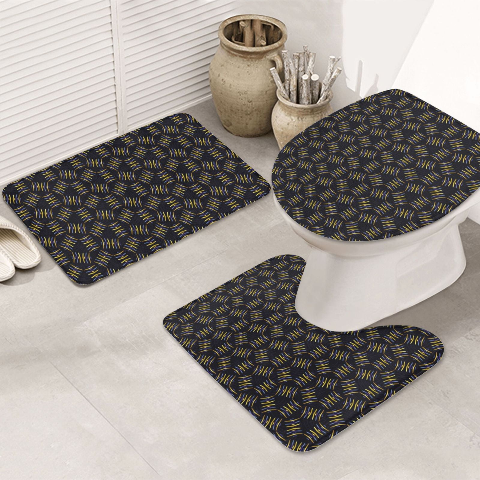 Bathroom Rugs Set 3 Piece Gold dark blue snowflake print, Bath Mats