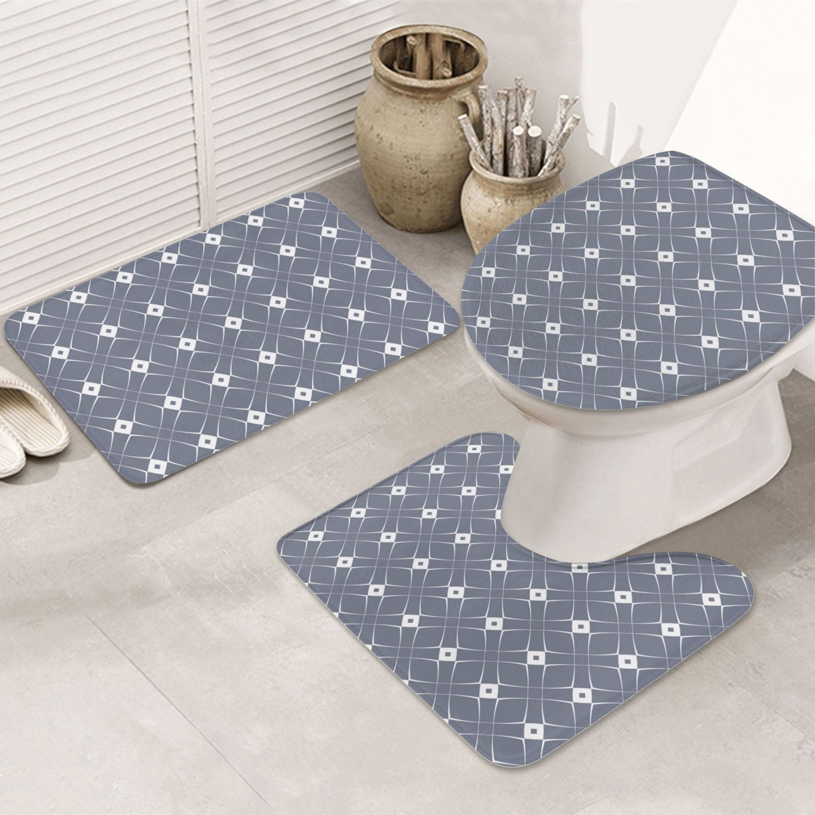 Bathroom Rugs Set 3 Piece - Gray White Geometric Pattern, Non-Slip Bath ...