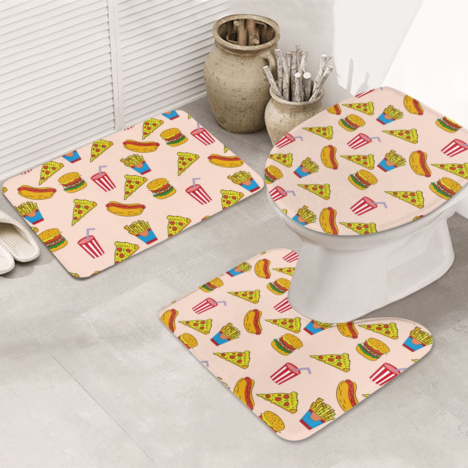 Bathroom Rugs Set 3 Piece - Hamburger Pizza Coke, Non-Slip Bath Mats ...