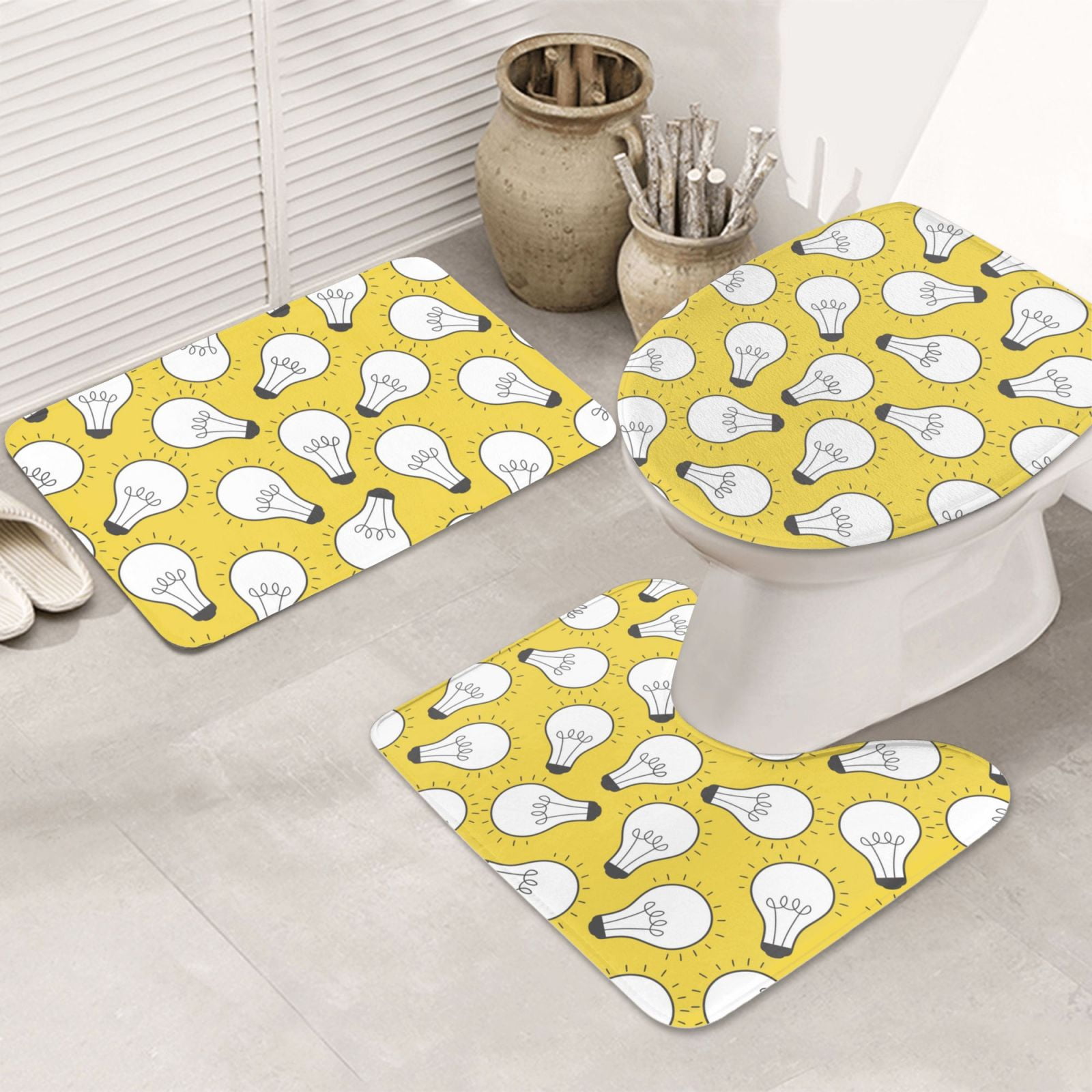 Bathroom Rugs Set 3 Piece Light Bulb Print yellow, Bath Mats, Toilet