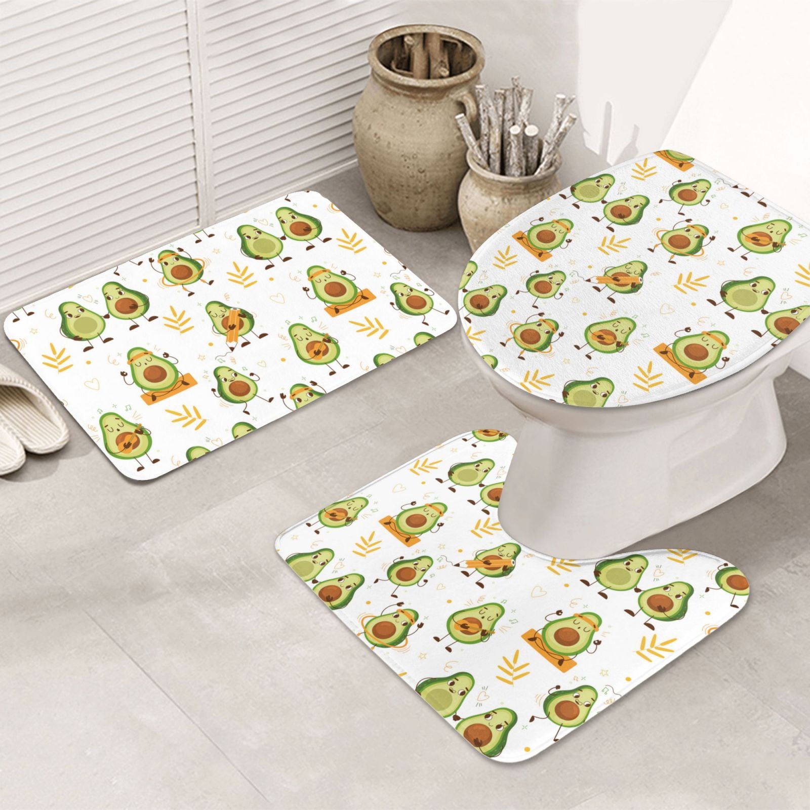 Bathroom Rugs Set 3 Piece Lovely avocado, NonSlip Bath Mats, Toilet