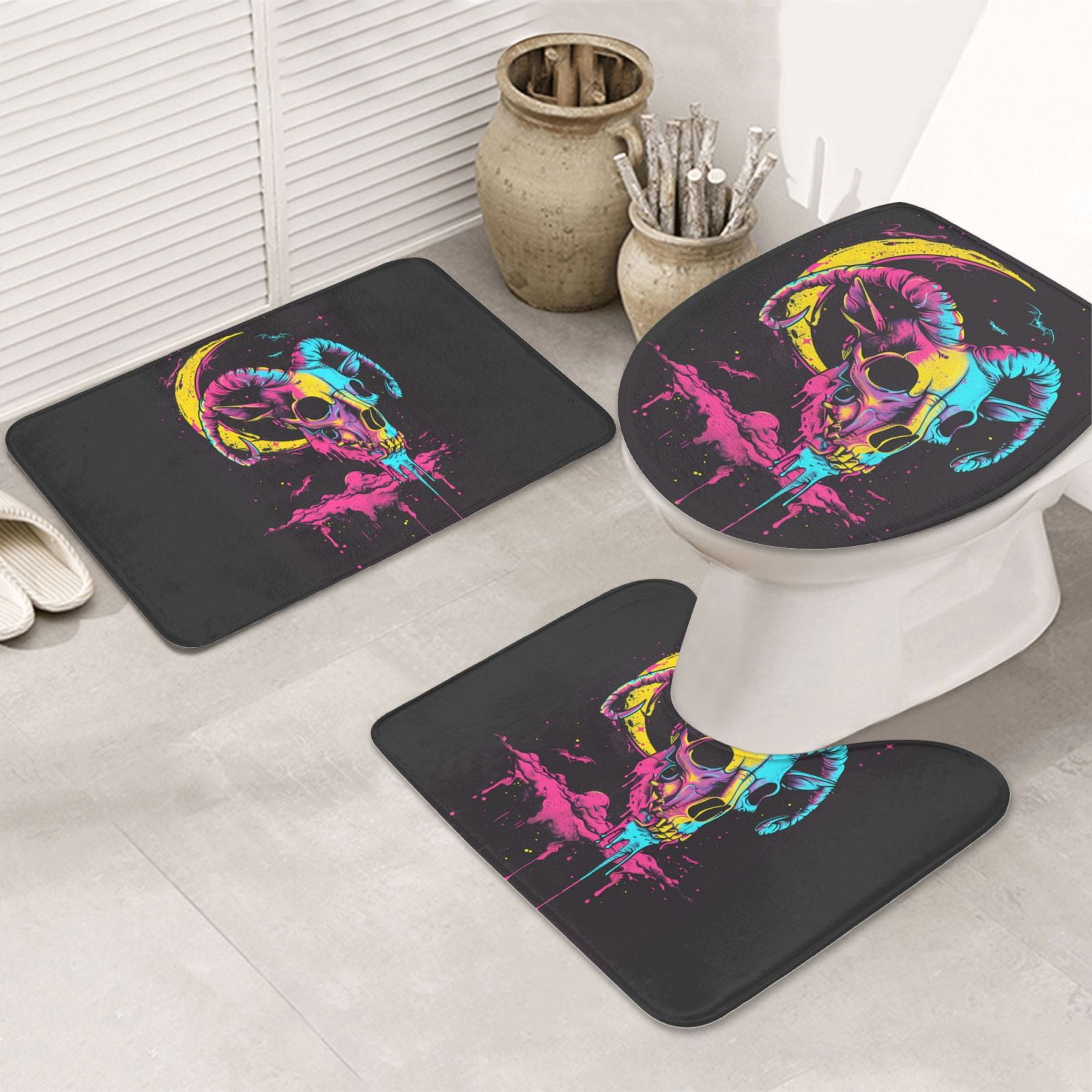 Bathroom Rugs Set 3 Piece - Neon Gothic Skull Moon, Non-Slip Bath Mats ...