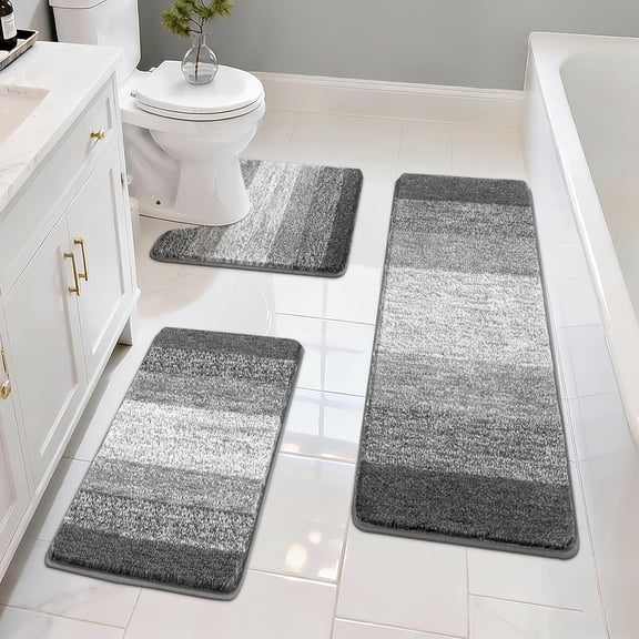 Bathroom Rugs Set 3 Piece Non Slip Washable, Microfiber Absorbent Bath Mat Floor Carpet Extra Soft, Quick Dry Shower Rug U-Shaped Contour Toilet Mats, Grey