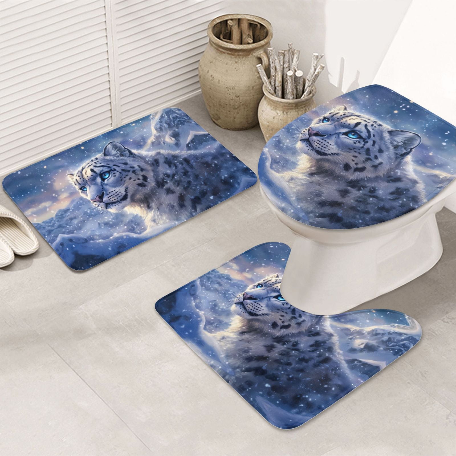 Bathroom Rugs Set 3 Piece Snow Leopard Winter Mountain, Bath Mats